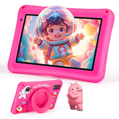 BRILLAR Tablette Enfants 7 Pouces,Android 13,8Go(4+4)+64Go,Octo-Core,Double Caméra,Contrôle Parental, Coque Antichoc (Rose)