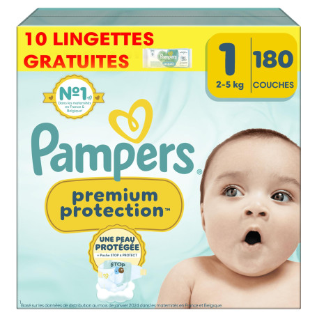 Pampers Premium Protection Taille 1, 180 Couches + 10 Lingettes Harmonie Aqua, 2-5kg, Double Protection pour la peau et contre l