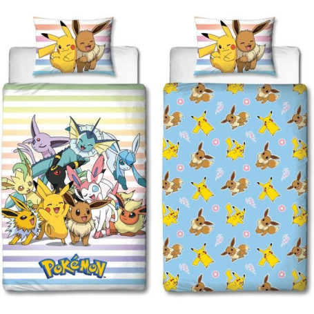 Parure de lit réversible - POKEMON - Pikachu et Evoli - Microfibre - 1 housse de couette 140 x 200 cm + 1 taie 63 x 63 cm