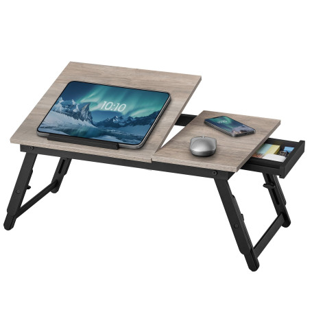 SONGMICS Table de Lit, pour Ordinateur Portable Jusqu’à 15,6 Pouces, Angle et Hauteur Réglables, Pliable, avec Tiroir, pour Trav