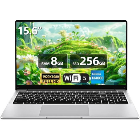 Tunhail Ordinateur Portable 15,6", Celeron N4000 Laptop 8Go DDR4 RAM 256Go SSD, 1920 * 1080 FHD IPS, PC Portable Ordinateur WiFi
