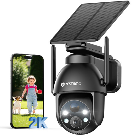 YESYAMO 2K Camera Surveillance WiFi Exterieure sans Fil Solaire, 2.4GHz Camera Exterieur avec Panneau Solaire, 355° PTZ, Vision 