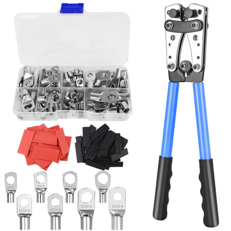 Pince à Sertir Professionnelle pour Cosses 10-1/0 AWG (6-50mm²) - Avec 80 Bornes à Anneau en Cuivre + 80 Gainettes Thermorétract