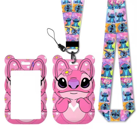 Porte-carte Lilo & Stitch Angel & Stitch – Étui silicone rose + cordon tour de cou coloré – Badge scolaire/carte d’identité/pass
