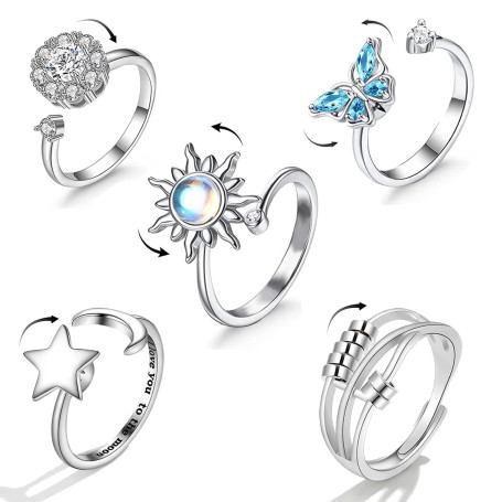 Hifot 5pcs Bague Anti Stress Femme Argent, Fidget Bague Anxiété Rotative, Bague Ouverts Reglables, Spinner Anneaux Anti Stress E