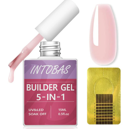 INTOBAS 15ml Builder Gel 5 en 1, Gel de Construction Ongle, Gel Pose Americain, Gummy Base et Structure Avec 100Pcs Chablon Ongl