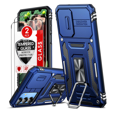 LeYi Coque pour Samsung A15 4G/5G Antichoc avec Protection Caméra Coulissante,2*Verre Trempé,Étui de PC Dur et TPU Silicone Mili