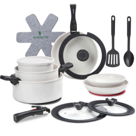ROSSETTO – Set de cuisine comprenant 23 pièces. Une marmite, une sauteuse, des poêles et des casseroles le tout empliable, poign