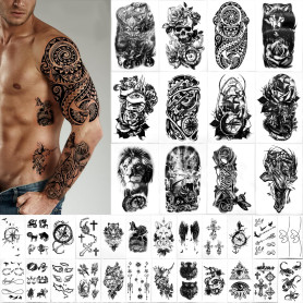 Yazhiji 36 feuilles de tatouages temporaires autocollants, 12 feuilles de faux corps bras poitrine épaule tatouages pour hommes 