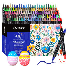 Artecho 120 couleurs de feutres acryliques, 0.5-5mm Dual Tip Marker résistant à l'eau avec des extrémités doubles pour Rock Pain