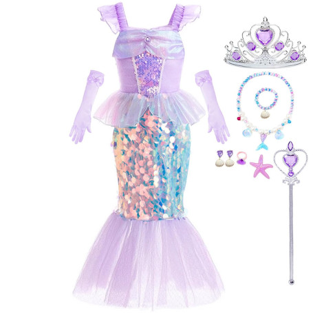 LiUiMiY Déguisement Sirène Costume Petite Fille Robe Pailletée Princesse Ariel avecc Accessoires pour Halloween Carnaval Fêtes d