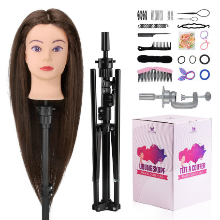 Neverland Tete a Coiffer Professionnelle Vrai 60% Cheveux avec Trépied, 71cm Tête à Coiffer Mannequin Cosmétologie pour Pratique