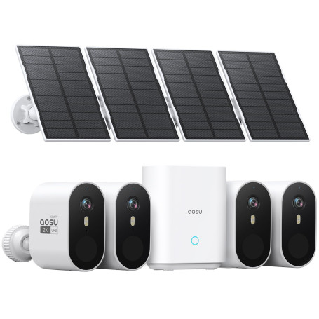AOSU 2K Caméra Surveillance WiFi Extérieure sans Fil Solaire – Kit 4 Caméras avec HomeBase, sans Abonnement Mensuel, Local 32 Go
