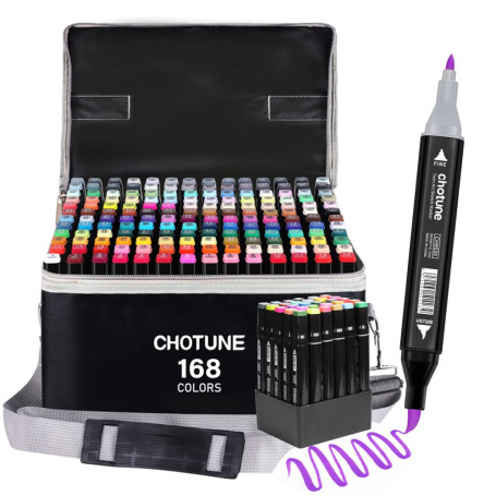 CHOTUNE 168 Couleurs Marqueurs, Alcohol Markers Set, Marqueur Permanent À Pointe Douce Avec Sac et Base Noirs