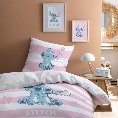 Disney Stitch Stripe Parure de Lit Enfant | 100% Coton | OEKO-TEX | Housse de couette 140x200cm + Taie d'oreiller 63x63cm | Impr