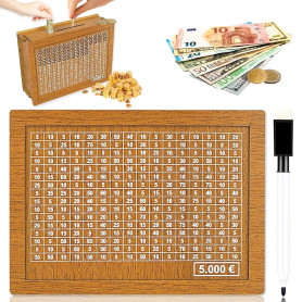 Tirelire en Bois Réutilisable avec Stylo Effaçable pour Enfant - Aider à Commencer à Economiser 5000€