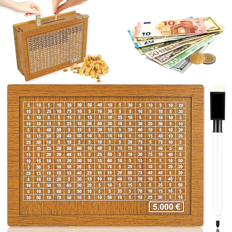 Tirelire en Bois Réutilisable avec Stylo Effaçable pour Enfant - Aider à Commencer à Economiser 5000€