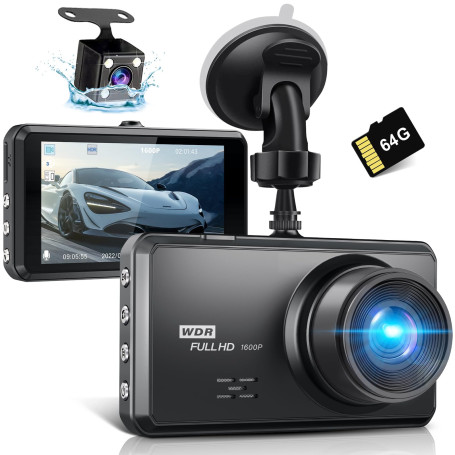 Miden S7 2.5K Dashcam Voiture Avant Arrière,Carte SD 64G,Camera Embarquée Voiture 1600P+1080P FHD,IPS 3.2" Camera Voiture Grand 