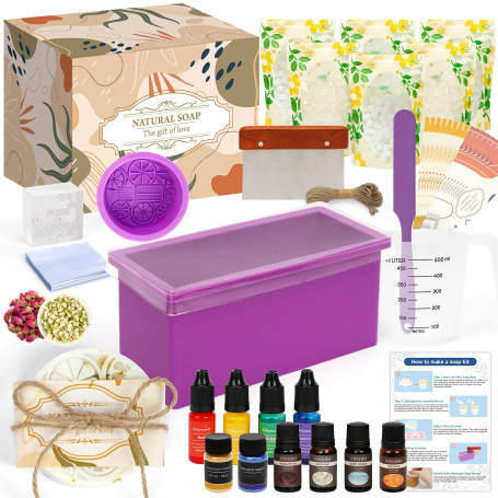 HOTOOLME Kit de Fabrication de Savon DIY – Ensemble pour Créer Ses Propres Savons avec 1,5 kg de Base de Savon, 4 Parfums, 4 Cou