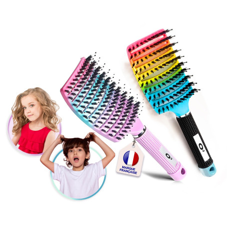 Brosse Cheveux demelante Magique [ 2 Brosses Arc-en-Ciel Rose + Bleu - NE TIRE PAS ] Poil de Sanglier 100% Naturelle - Pour démê