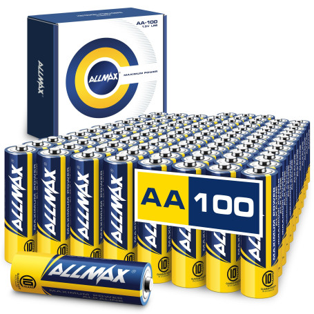 Allmax Lot de 100 piles alcalines AA à puissance maximale – Ultra longue durée, design étanche, durée de vie de 10 ans, performa