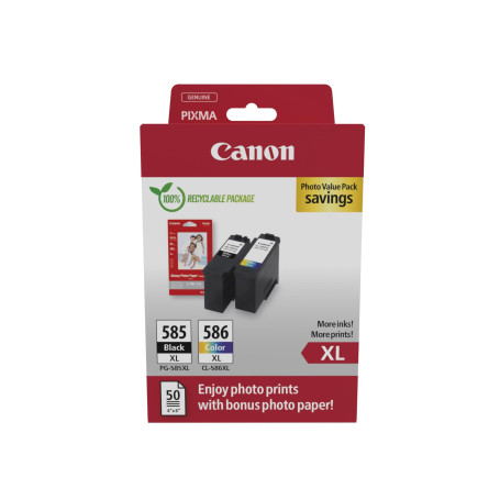 Canon PG-585XL / CL-586XL Genuine Ink Cartridges, Pack of 2 (1x Black, 1x Colour), Includes 50 Sheets of 4x6 Photo Paper - Compa