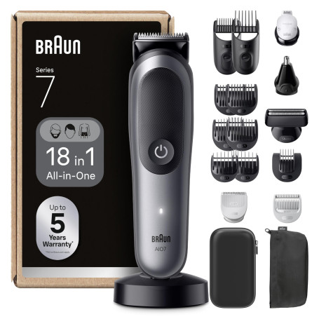 Braun Tondeuse Electrique Tout-En-Un Pour Hommes Series 7 AIO7585, Gris, Kit 18-En-1 Avec Lame ProBlade Et 8 Sabots, Coffret De 