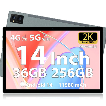 LEVIRTU Tablette 14 Pouces Android 14 Tablets, 256GB ROM(Expand to 2TB), 36GB(12+24) RAM, Octa-Core 2.0GHz,11580mAh Battery, 200