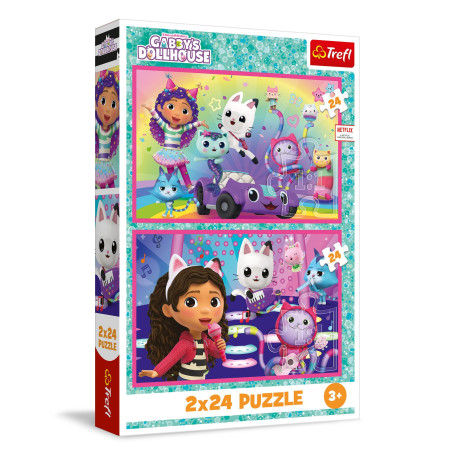Trefl - Puzzle 2 en 1 : Gabby's Dollhouse, Les Jeux avec Gabby - 2 x 24 Pièces, Ensemble de Deux Puzzles pour Les Enfants à part