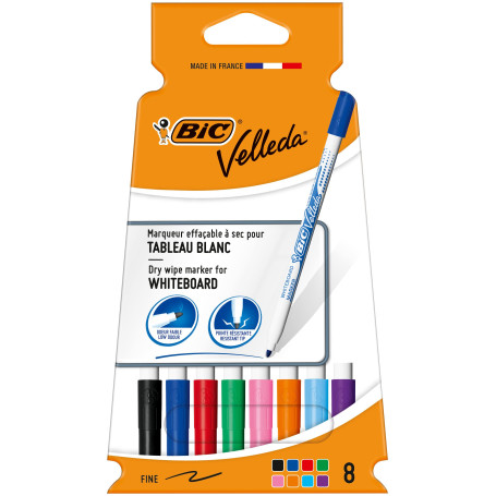 BIC Velleda 1721 Feutres Effaçables A Sec à Pointe Fine pour Tableau Blanc – Couleurs assorties, Pack Carton de 8