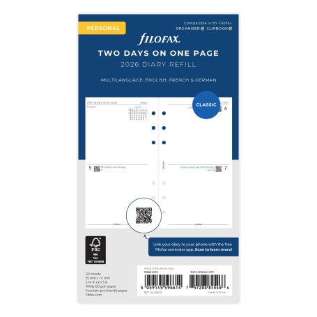 Filofax Agenda personnel 2026 26-68423 2 jours par page 3 langues