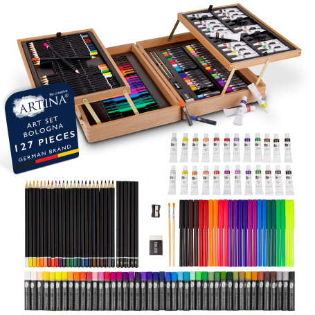 Artina 127pcs Set de Peinture XXL avec Coffret en Bois FSC® Bologna – Acrylique, Aquarelle, Crayons de Couleur, Crayons Pastel &