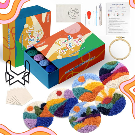 yuegool Lot de 6 sous-verres punch Needle - Kit de broderie facile pour débutants, enfants et adultes avec motifs, fil, cadre à 