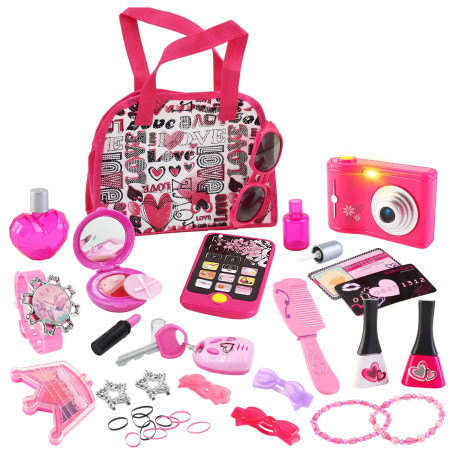 deAO Ensemble Sac à Main Princesse Rose avec Accessoires pour Enfants - Jouet de Rôle pour Filles 3+ Ans avec Faux Maquillage, A