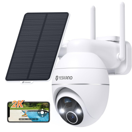 YESKANO 2K Camera Surveillance WiFi Exterieure sans Fil Solaire 360° PTZ Caméra Exterieur Solaire Batterie 2,4 GHz, Vision Noctu