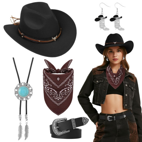 Saier tbo 5 Pièces Set de Déguisement Cowboy Western pour Femme, Kit Accessoires de Cowgirl avec Chapeau Collier Boucles d'oreil
