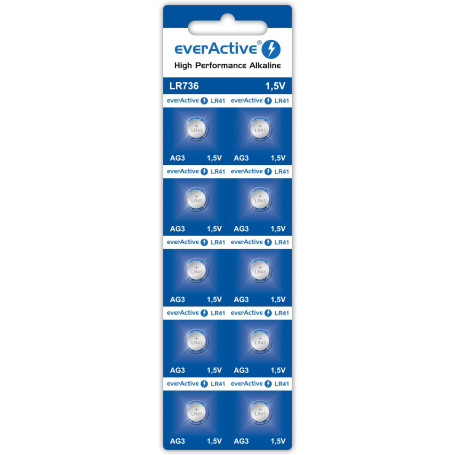 EverActive AG3 Lot de 10 Piles alcalines Mini G3 LR736 LR41 1,5 V Durée de Vie 5 Ans 1 Carte Blister