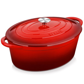 Velaze Cocotte Fonte 7L Émaillée, Marmite Fonte 34cm, Antiadhésive Couvercle Rouge, Compatible Induction/Gaz/Four