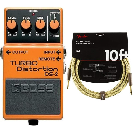 Pédale Turbo Distortion DS-2 BOSS, des sons de distorsion classiques avec modes Turbo supplémentaires & Fender câble pour instru