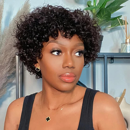 Vikiwmlq Perruque Afro Courte Naturelle Frisée en Cheveux Humains avec Frange - Bouclé - 130% Densité - Taille Moyenne - Noir