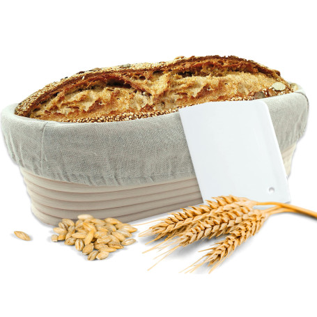 riijk Banneton à Pain + Racleur de Pâte - Panier Naturel (Oval, Ø 35 cm) pour Faire Son Propre Pain - Tissu en Lin Inclus - Serr