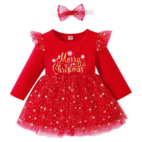 Winmany Tenues de Noël pour bébés filles Robe Tutu Toddler Jupe à manches longues en dentelle Vêtements chauds pour bébé+bandeau