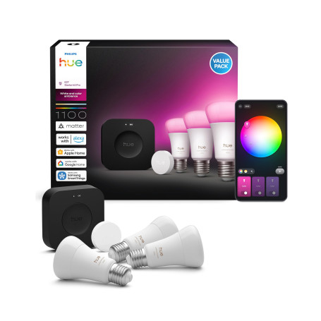 Philips Hue Kit de Démarrage : Bridge Pro + Smart button + 3 Ampoules A60 E27, White & Color Ambiance, Hub Lumière Intelligente,