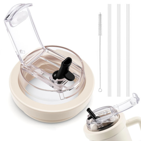 Couvercle Anti-Fuite pour Stanley Cup, couvercle de Rechange Amovible pour Gobelet de 1,2 L avec 3 Pailles et 1 Brosse à Paille,