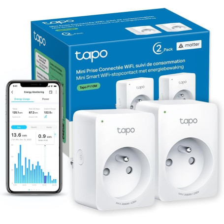 Tapo Matter Prise Connectée WiFi, Suivi de consommation, 16A Type E, Compatible avec Alexa, Google Home et SmartThings, Contrôle