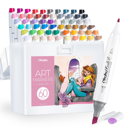 Ohuhu feutres alcool, 60+1 Couleurs feutre à alcool permanent à double pointe, rechargeable, à mélange parfait Pour les artistes