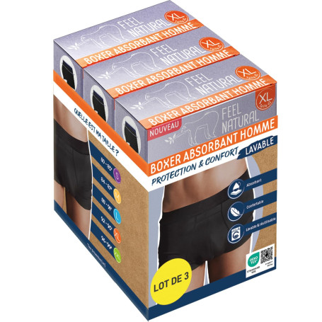 Feel Natural Boxer Absorbant Homme Lot de 3 – XL (T42–44) – sous-vêtement Lavable & Réutilisable – Protection Discrète Anti-Fuit