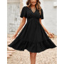 JENJON Femme Robe de Eté Col en V Elégant Pois Volants Taille Haute Manches Courtes/Longues Décontractée A-Ligne Mini Robes