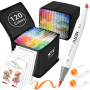 HOTU Feutre a alcool 120 Couleurs, Feutres Coloriage Adulte Pointe Double Feutres à Alcool Marqueurs Pinceau et Ciseau Burin Pou
