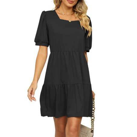 crazy bean Robe Ete Femme Mini Robe à Volants Taille Haute Manche Courte Bouffantes col en Carrée Été de Plage Bohème Chic Éléga
